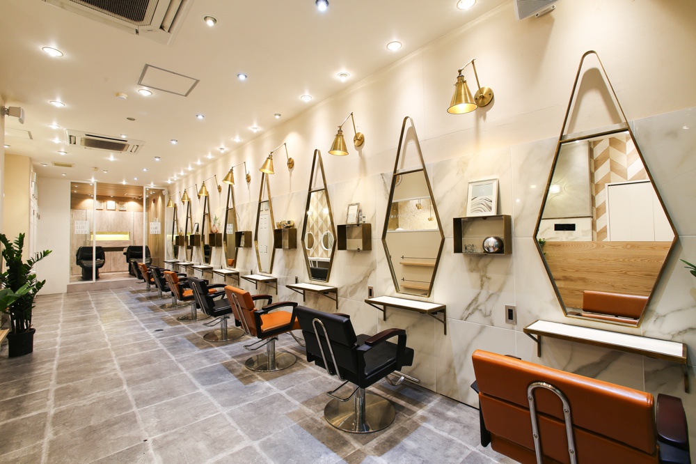 モダン、コンテンポラリー、大理石を使った美容室、ヘアサロンの内装店舗デザイン